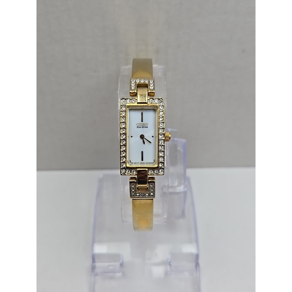 Citizen Eco Drive Gold Tone Crystal Tank Watch Bangle Womens Dress Solar Works
